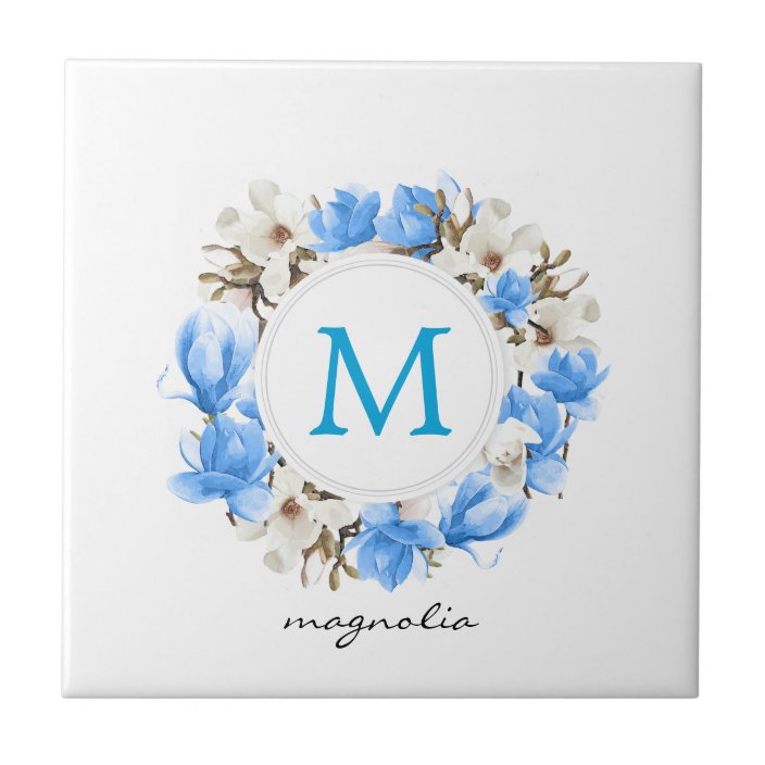 Watercolor Blue Magnolia Wreath Monogram Ceramic Tile Zazzle