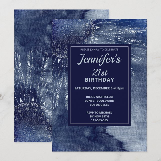 Watercolor Blue Mandala 21st Birthday Invitation (Front/Back)