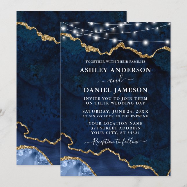 Watercolor Blue Marble Agate Geode Lights Wedding Invitation (Front/Back)
