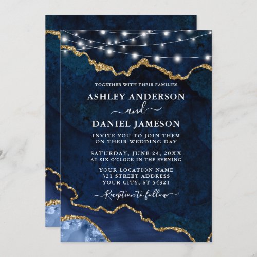 Watercolor Blue Marble Agate Geode Lights Wedding Invitation