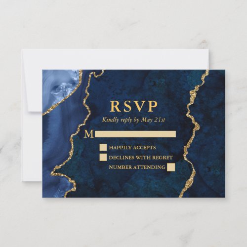 Watercolor Blue Marble Agate Geode Wedding Gold RSVP Card