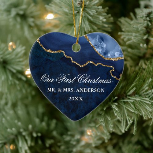 Watercolor Blue Marble Agate Geode Wedding Heart Ceramic Ornament