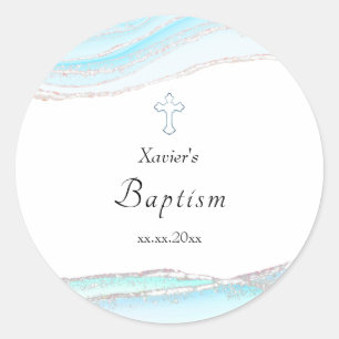 watercolor blue marble Baptism Classic Round Sticker