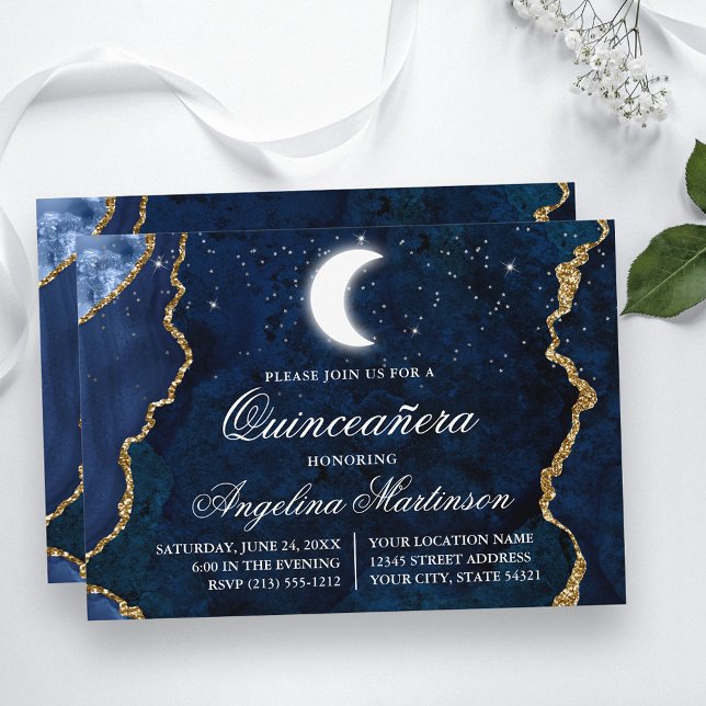 Watercolor Blue Marble Celestial Quinceanera Invitation (Customize to change text size, text style or to add more text to back of card.)