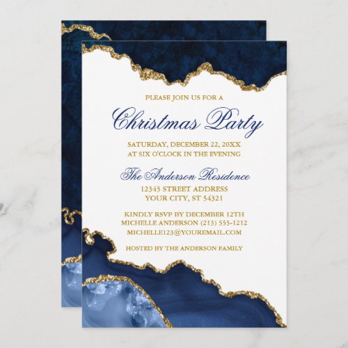 Watercolor Blue Marble Geode Gold Christmas Party Invitation
