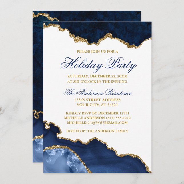 Watercolor Blue Marble Geode Gold Holiday Party Invitation (Front/Back)