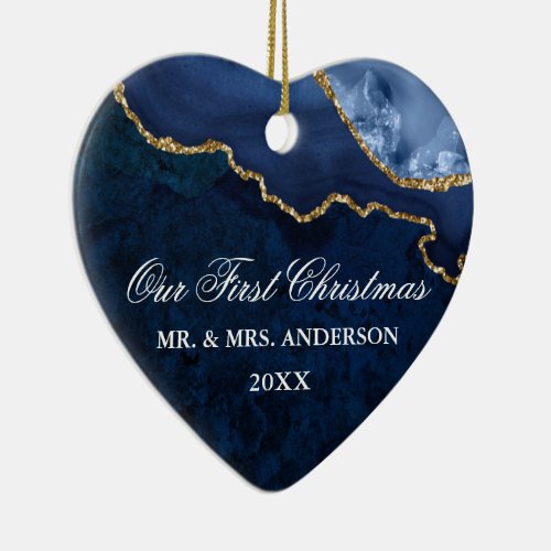 Watercolor Blue Marble Geode Wedding Heart PHOTO Ceramic Ornament