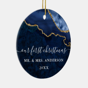 Watercolor Blue Marble Geode Wedding PHOTO BACK Ceramic Ornament