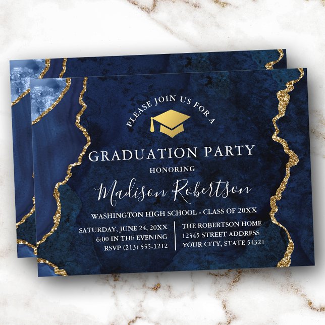 Watercolor Blue Marble Gold Cap Grad Party Invitation (Customize to add text or a photo to back of card.)