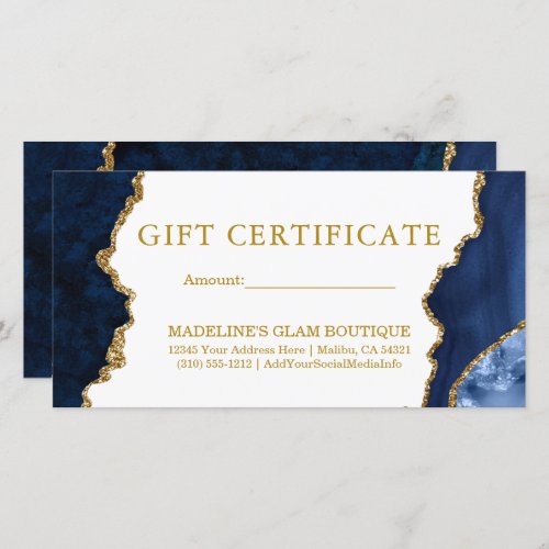 Watercolor Blue Marble Gold Gift Certificate