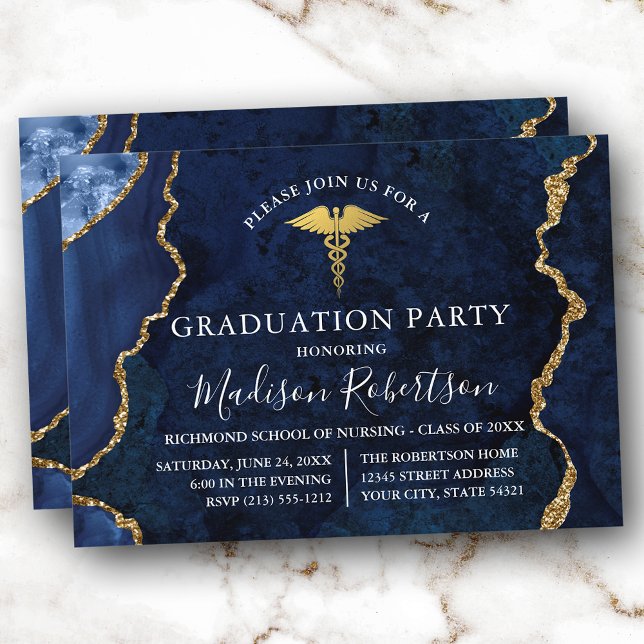 Watercolor Blue Marble Gold Medical Grad Party Invitation (Customize to add text or a photo to back of card.)