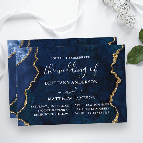 Watercolor Blue Marble Gold Wedding Invitation