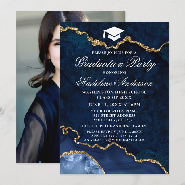 Watercolor Blue Marble Graduation Party Photo Invitation (Front/Back)