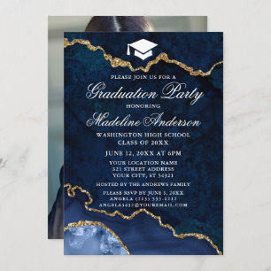 Watercolor Blue Marble Graduation Party Photo Invitation