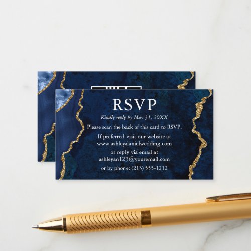 Watercolor Blue Marble Wedding RSVP QR Back Enclosure Card