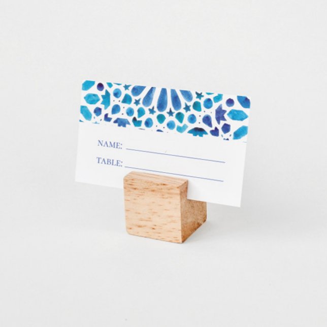 Watercolor Blue Mediterranean Tile Wedding Place Card (Creator Uploaded)