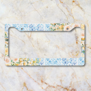 Watercolor Blue Mediterranean Tiles Flower Lemon License Plate Frame