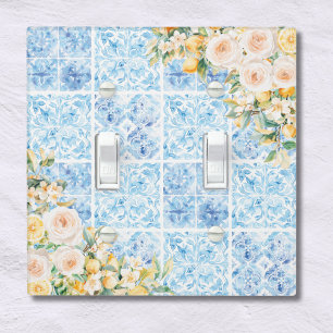 Watercolor Blue Mediterranean Tiles Flower Lemon Light Switch Cover