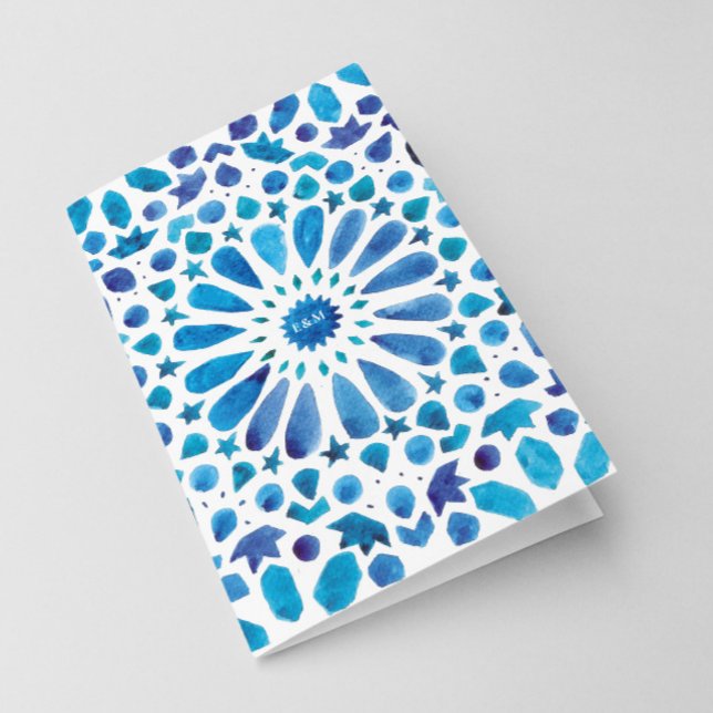 Watercolor Blue Meditteranean Tile Wedding Folded Program (Creator Uploaded)
