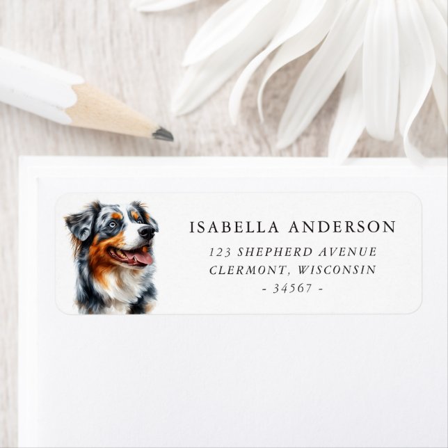 Watercolor Blue Merle Australian Shepherd Label (Insitu)