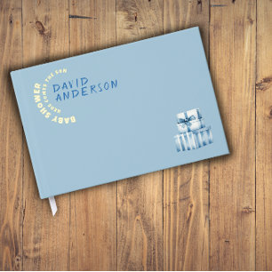 Watercolor blue minimalist baby shower boy foil guest book