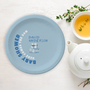 Watercolor blue minimalist baby shower boy paper plates
