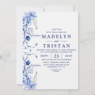 Watercolor Blue Minimalist Rustic Floral Wedding Invitation