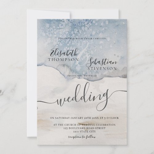 Watercolor Blue Modern Wedding Invitation