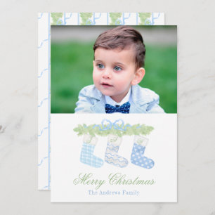 Watercolor Blue Monogram Christmas Stockings Photo Holiday Card