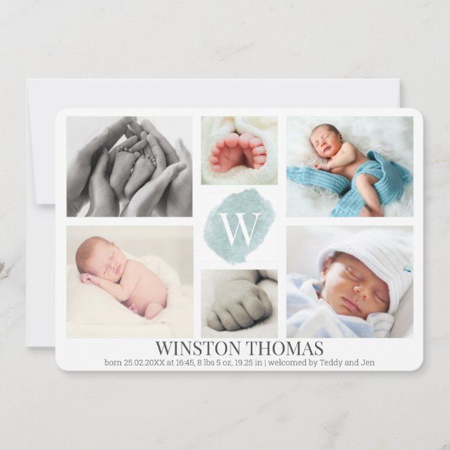 Watercolor Blue Monogram Photo Collage Boy Birth Announcement (Front)