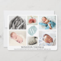 Watercolor Blue Monogram Photo Collage Boy Birth Announcement