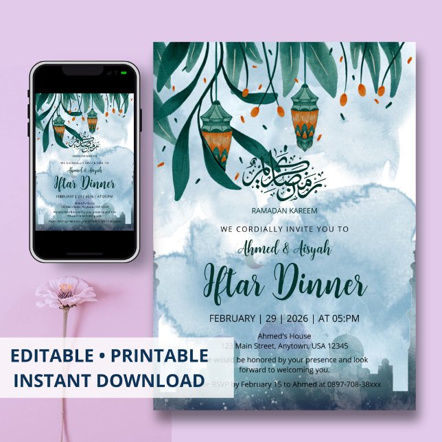 Watercolor Blue Mosque & Lanterns Iftar Dinner Invitation (Creator Uploaded)