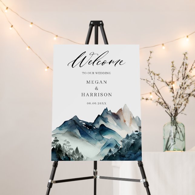 Watercolor Blue Mountain Rustic Wedding Welcome  Foam Board (In Situ (Stand))