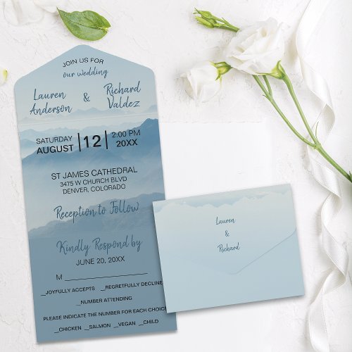 Watercolor Blue Mountains Minimalist Wedding All In One Invitation