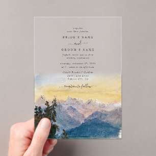 Watercolor Blue Mountains Pine Wedding Acrylic Invitations