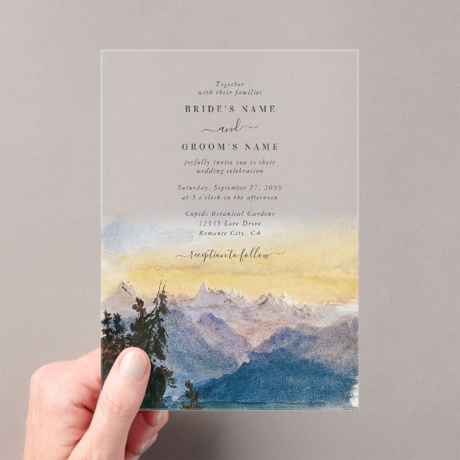 Watercolor Blue Mountains Pine Wedding Acrylic Invitations (Insitu (Handheld))