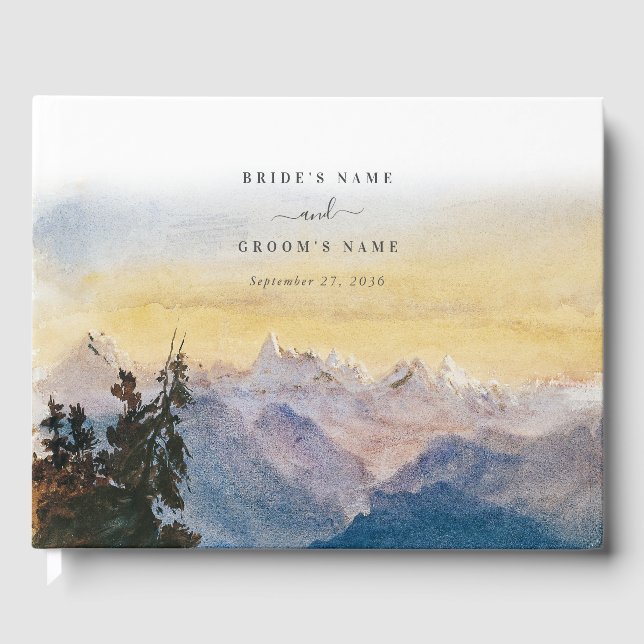 Watercolor Blue Mountains Pine Wedding Guest Book (Front)