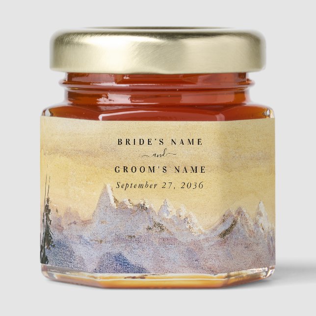 Watercolor Blue Mountains Pine Wedding Honey Jar Favors (Front)