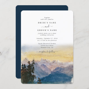 Watercolor Blue Mountains Pine Wedding Invitation