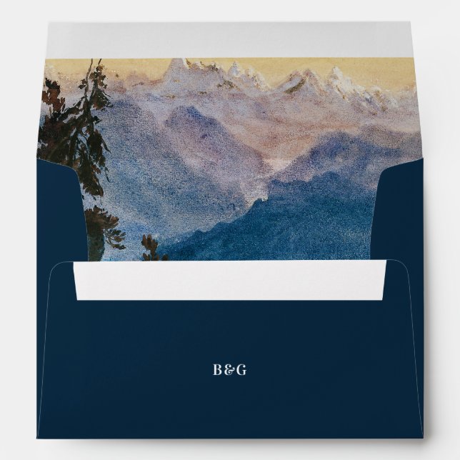 Watercolor Blue Mountains Pine Wedding Invitation Envelope (Back (Bottom))