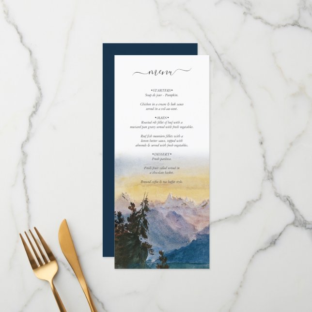 Watercolor Blue Mountains Pine Wedding Menu (Front/Back In Situ)