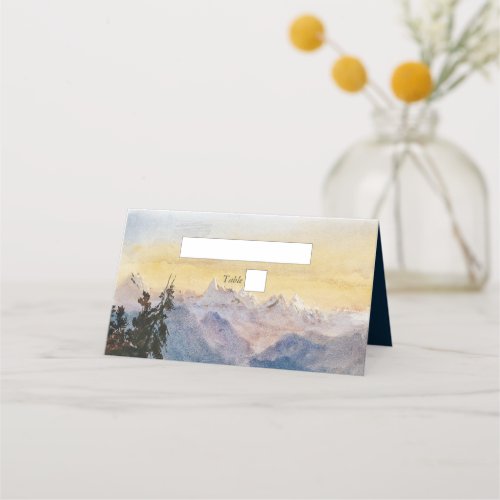 Watercolor Blue Mountains Pine Wedding Place Card