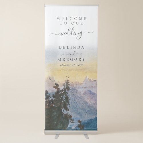 Watercolor Blue Mountains Pine Wedding Retractable Banner