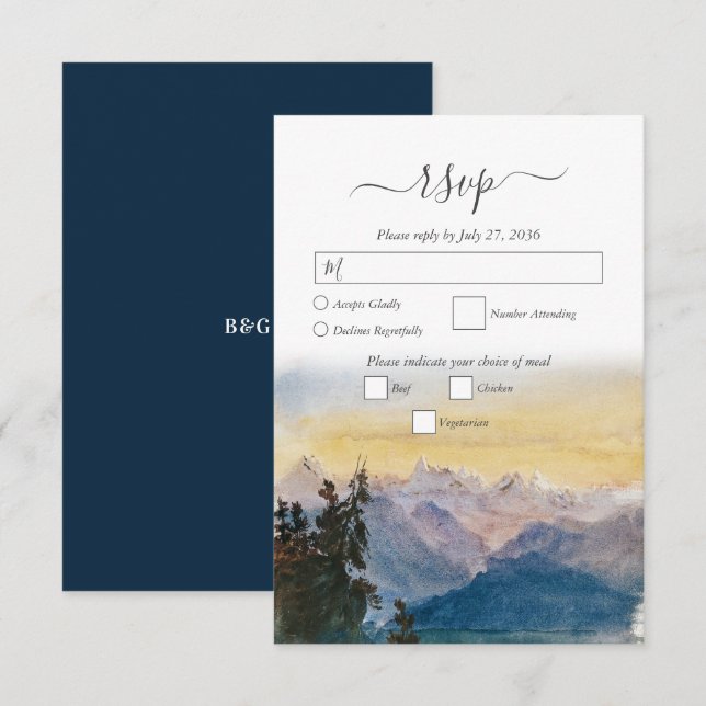 Watercolor Blue Mountains Pine Wedding RSVP Card (Front/Back)