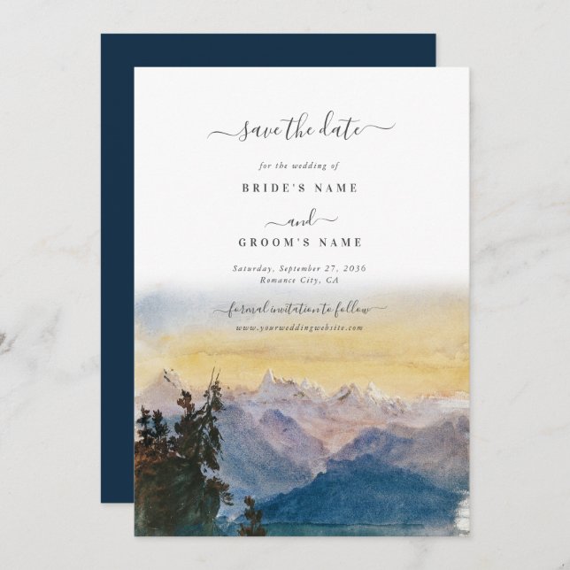 Watercolor Blue Mountains Pine Wedding Save The Date (Front/Back)