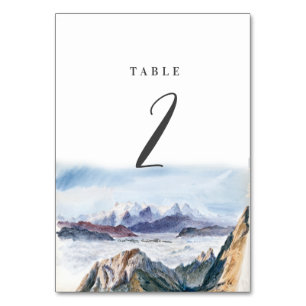 Watercolor Blue Mountains Pine Wedding Table Number