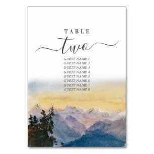 Watercolor Blue Mountains Pine Wedding Table Number