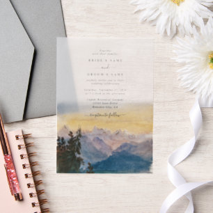 Watercolor Blue Mountains Pine Wedding Vellum Invitations