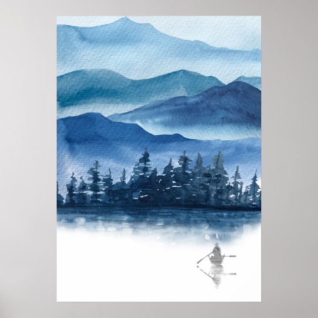 Watercolor Blue Mountains Scenic Landscape Poster (Front)