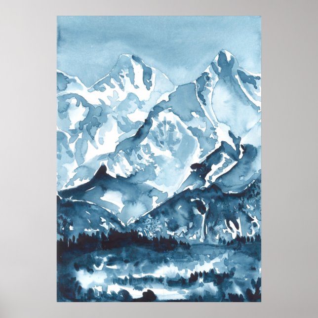 Watercolor blue mountainscape, landscape  poster (Front)